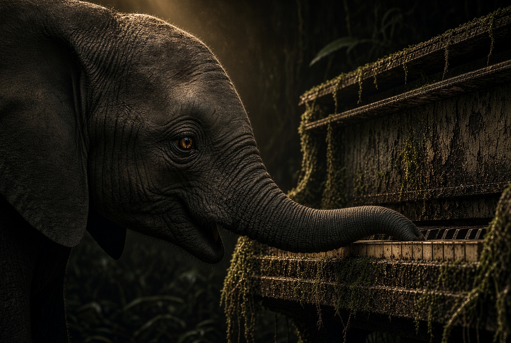 A young elephant’s trunk resting on the keys of a moss-covered piano in the forest at dusk