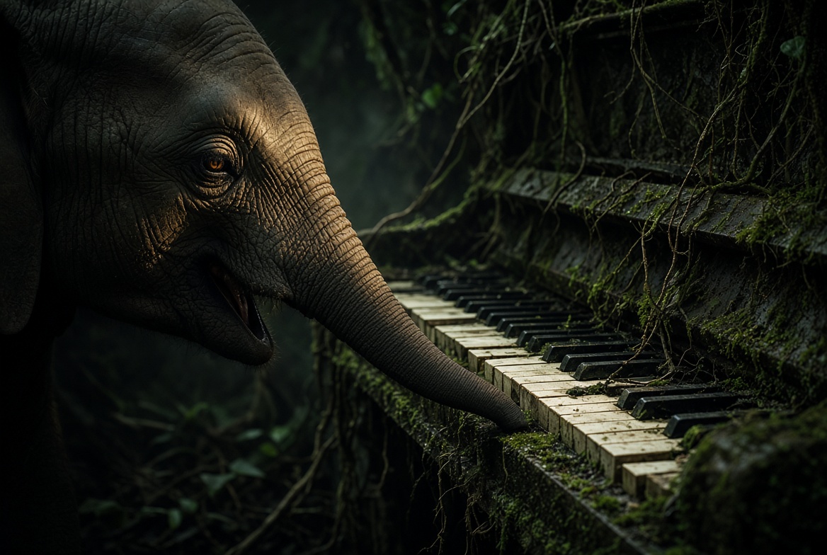 A young elephant’s trunk rests on the keys of a moss-covered piano, lit by a single shaft of light in the dark jungle